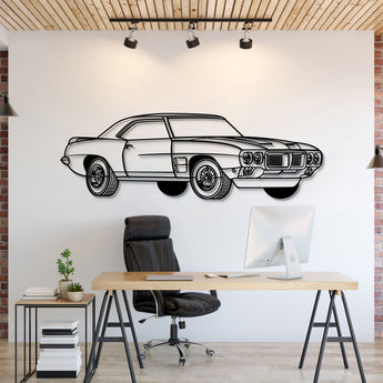 Pontiac Firebird Trans Am (1969) perspective metal wall art – laser-cut 2 mm textured steel with matte powder-coat finish