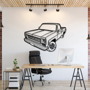 Chevrolet C10 (1973) perspective metal wall art – laser-cut 2 mm textured steel with matte powder-coat finish