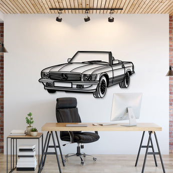 Mercedes-Benz W107 Convertible (1976) perspective metal wall art – laser-cut 2 mm textured steel with matte powder-coat finish