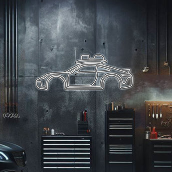 Porsche 911 Dakar neon metal wall art – laser-cut 3 mm steel silhouette with illuminated neon trim and 3D elevation