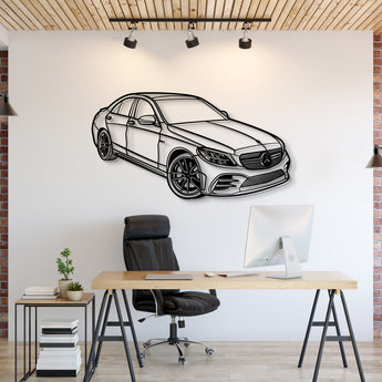 2020 Mercedes‑Benz C43 AMG perspective view metal wall art – laser‑cut steel silhouette with matte powder‑coat finish