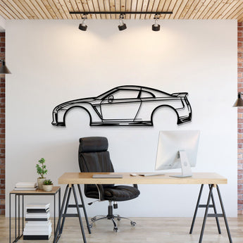 A modern living room wall adorned with Nissan GTR R35 metal car wall art