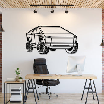 Tesla Cybertruck (2025) perspective metal wall art – laser‑cut 2 mm textured steel with matte powder‑coat finish
