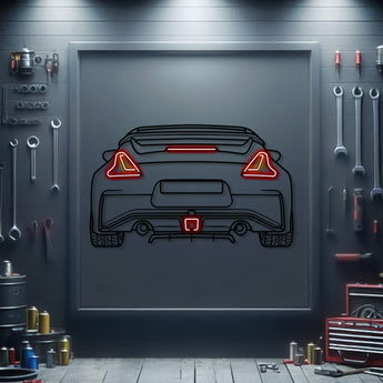 Nissan 370Z rear view neon metal wall art – laser-cut 3 mm textured steel with matte powder-coat finish