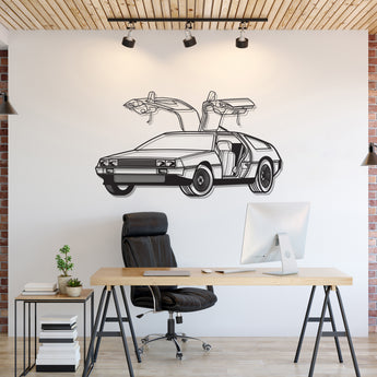 DeLorean DMC‑12 perspective metal wall art – laser‑cut 2 mm textured steel with brushed stainless finish