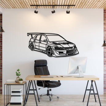Mitsubishi Lancer Evolution IX (Evo IX) perspective metal wall art – laser-cut 2 mm textured steel with matte powder-coat finish