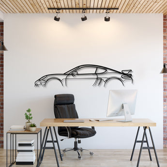 Metal car wall art featuring Porsche 718 Cayman GT4 enhancing garage décor