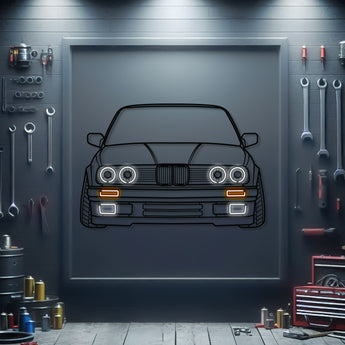 BMW E30 front view neon metal wall art – laser-cut 3 mm steel with matte powder-coat finish