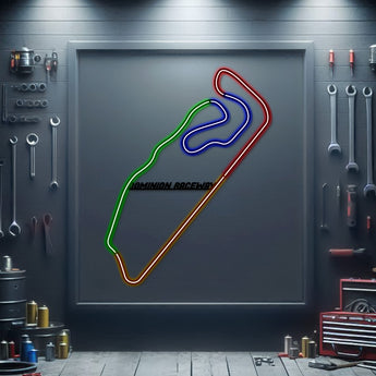 Dominion Raceway neon track wall art – laser‑cut steel décor for Virginia motorsport fans