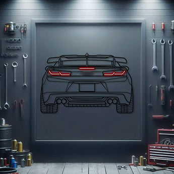 Chevrolet Camaro rear view neon metal wall art – laser‑cut 3 mm textured steel with matte powder‑coat finish