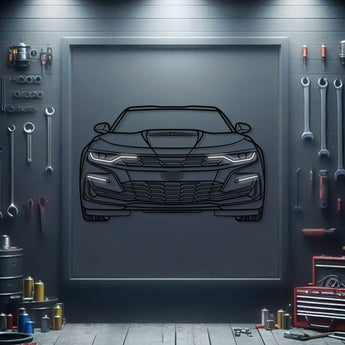 Chevrolet Camaro front view neon metal wall art – laser‑cut textured 3 mm steel with matte powder‑coat finish