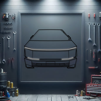 Tesla Cybertruck front view metal neon wall art – laser‑cut steel silhouette with neon-lit accents and matte powder-coat finish