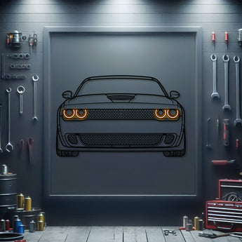 Dodge Challenger front neon metal wall art – textured, dyed powder-coated steel ideal for garage or man cave