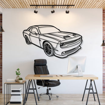 Dodge Challenger Hellcat (2023) perspective metal wall art – laser‑cut 2 mm textured steel with matte powder‑coat finish