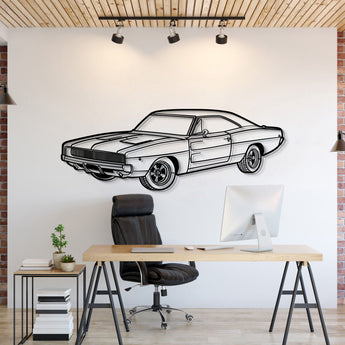 Dodge Charger R‑T (1968) perspective metal wall art – laser‑cut 2 mm textured steel with matte powder‑coat finish