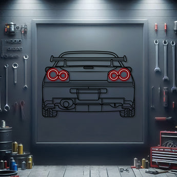 Nissan Skyline GT‑R R34 rear view metal neon wall art – laser‑cut steel décor honoring the legendary JDM supercar