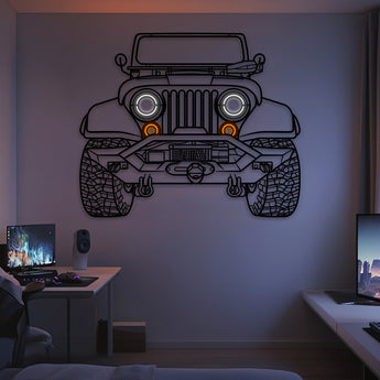 Jeep CJ7 front view neon-lit metal car wall art