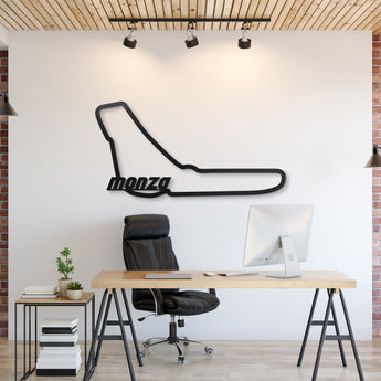 Metal circuit wall art featuring Monza Formula 1 track enhancing garage décor