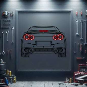 Neon‑lit R35 GT‑R taillights silhouette – bold tuner culture statement piece for performance car garages