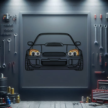 Subaru WRX STI front view neon‑lit metal art – high‑quality design with 3D floating effect showcasing rally‑bred heritage