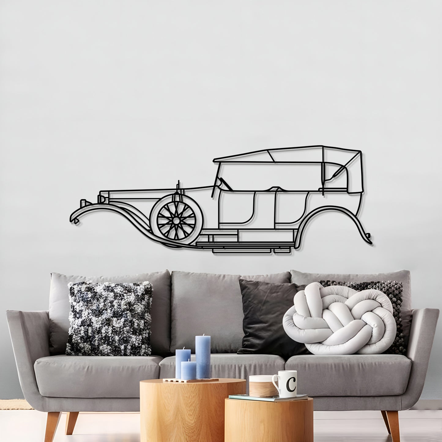 Handcrafted metal wall art of the 1907 Rolls-Royce Silver Ghost luxury coupe