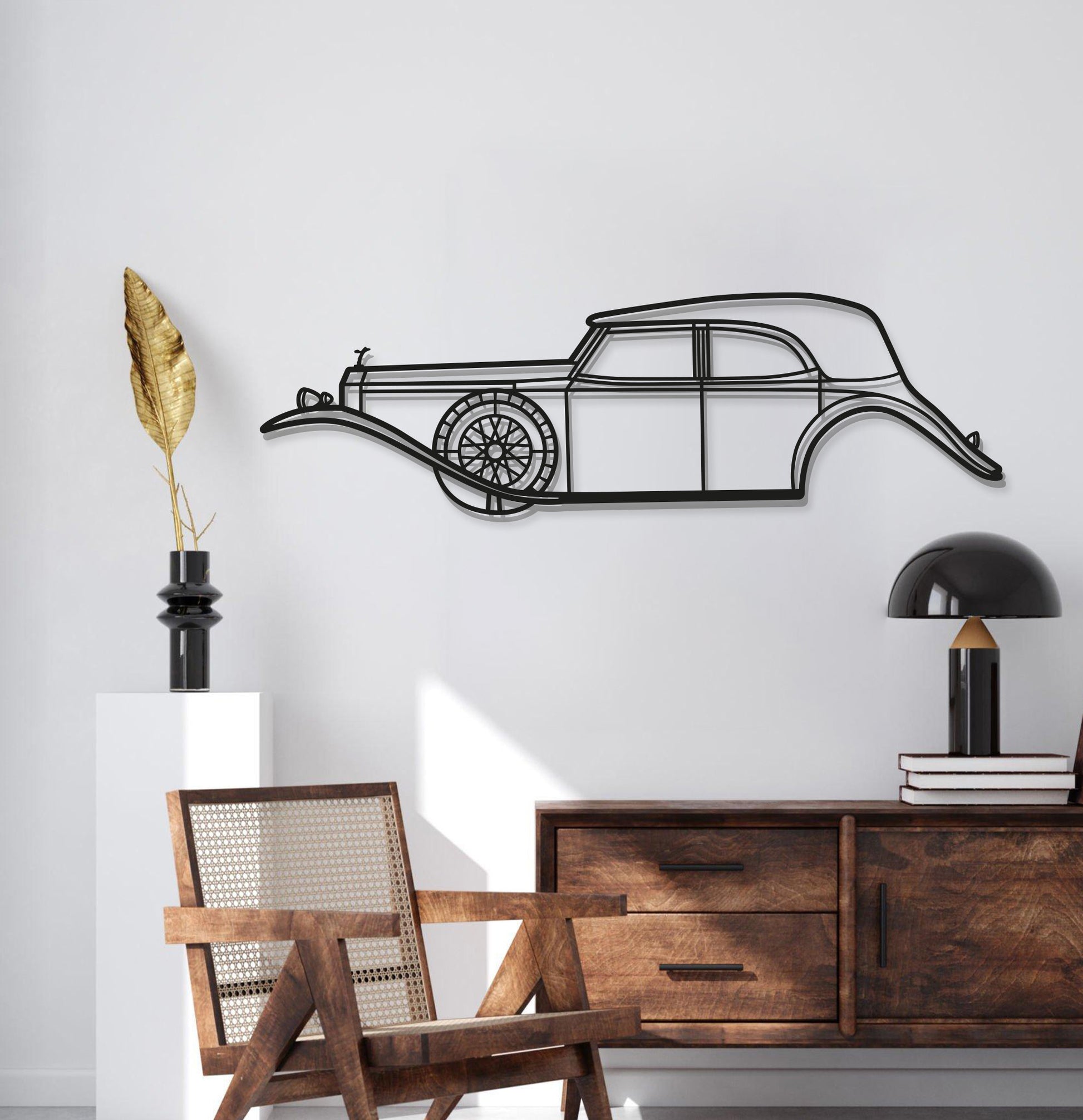 Retro 1929 Rolls-Royce Phantom II steel wall sculpture for vintage automobile lovers
