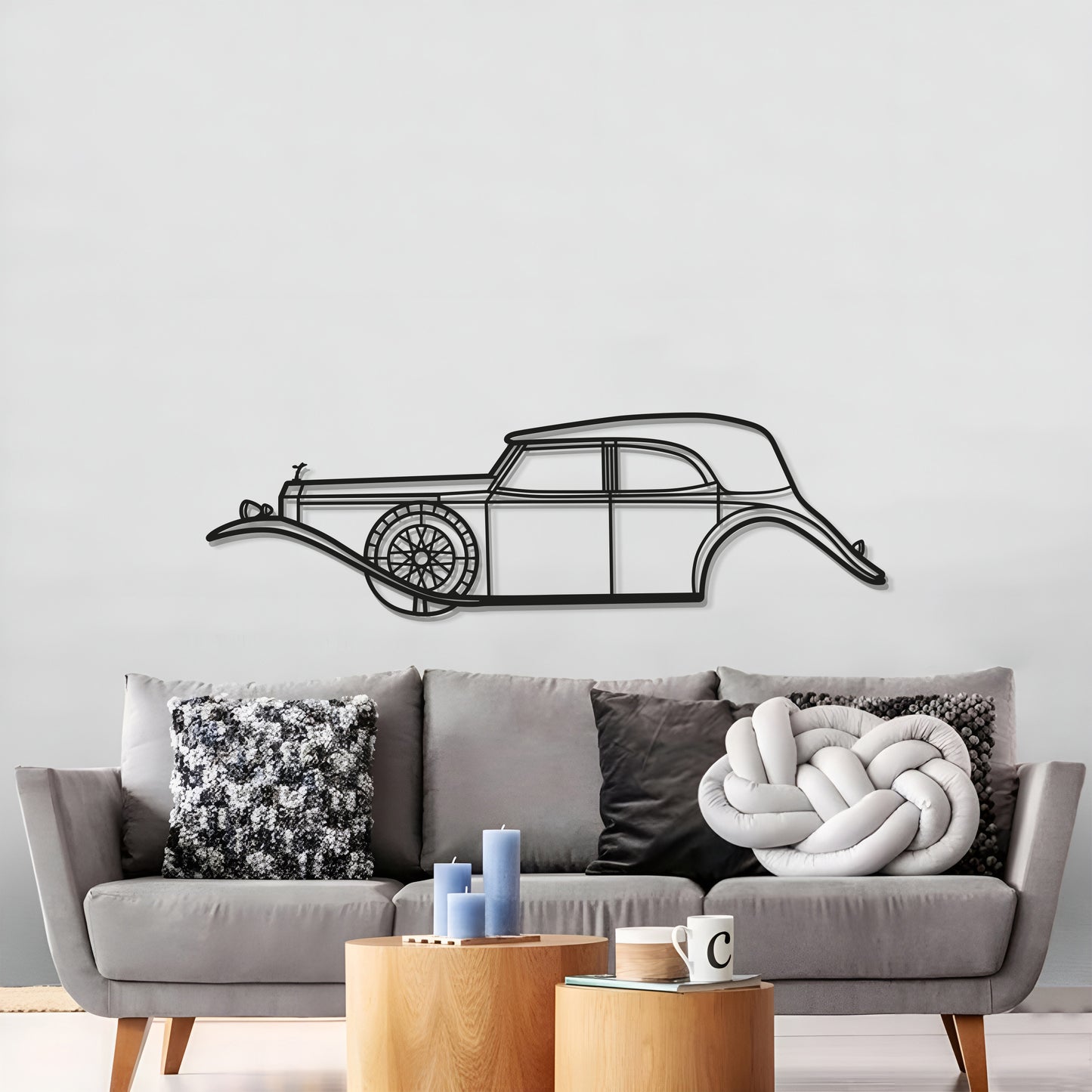 Handcrafted metal wall art of the 1929 Rolls-Royce Phantom II coupe