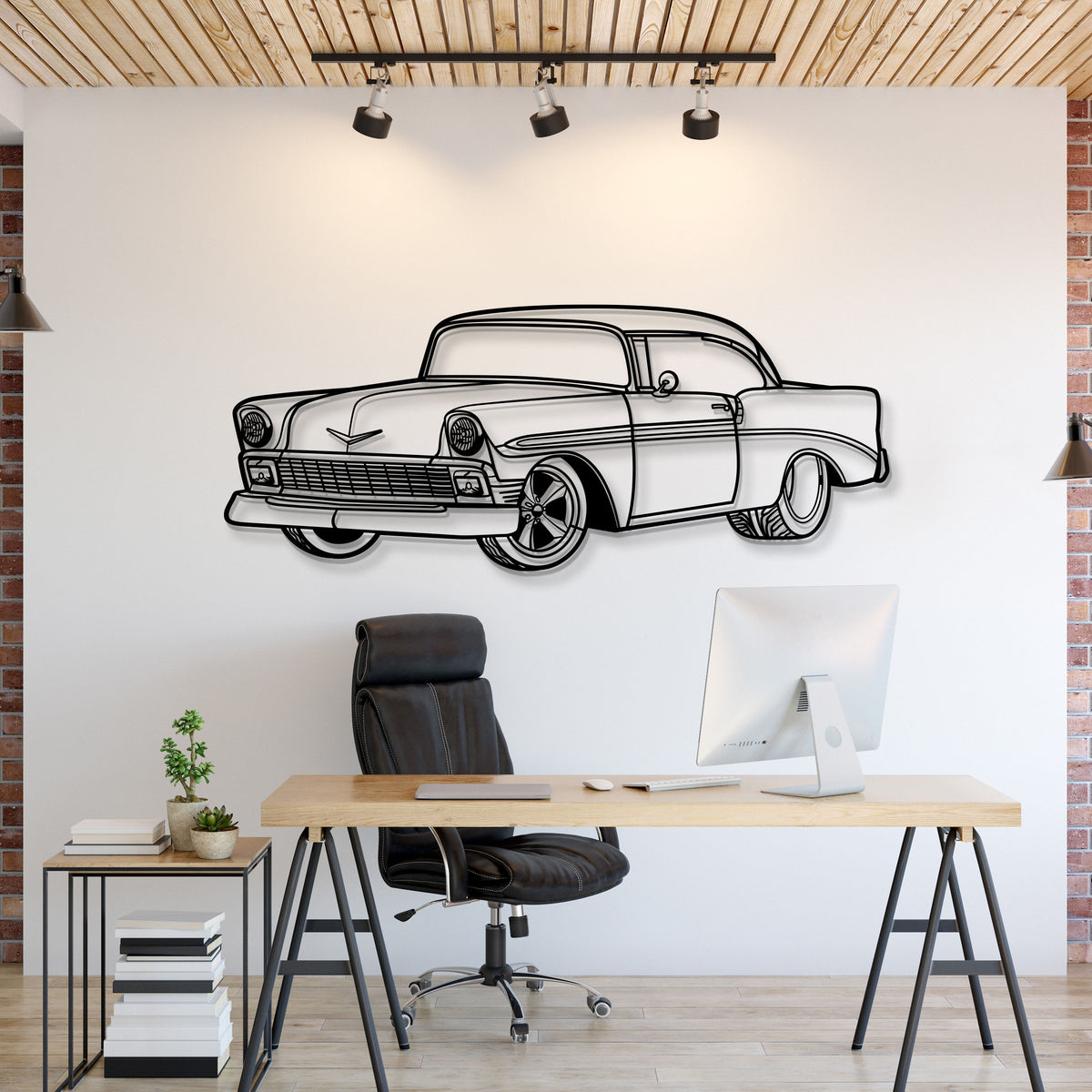 1956 Chevrolet Bel Air perspective view metal wall art – laser‑cut steel silhouette with matte powder‑coat finish