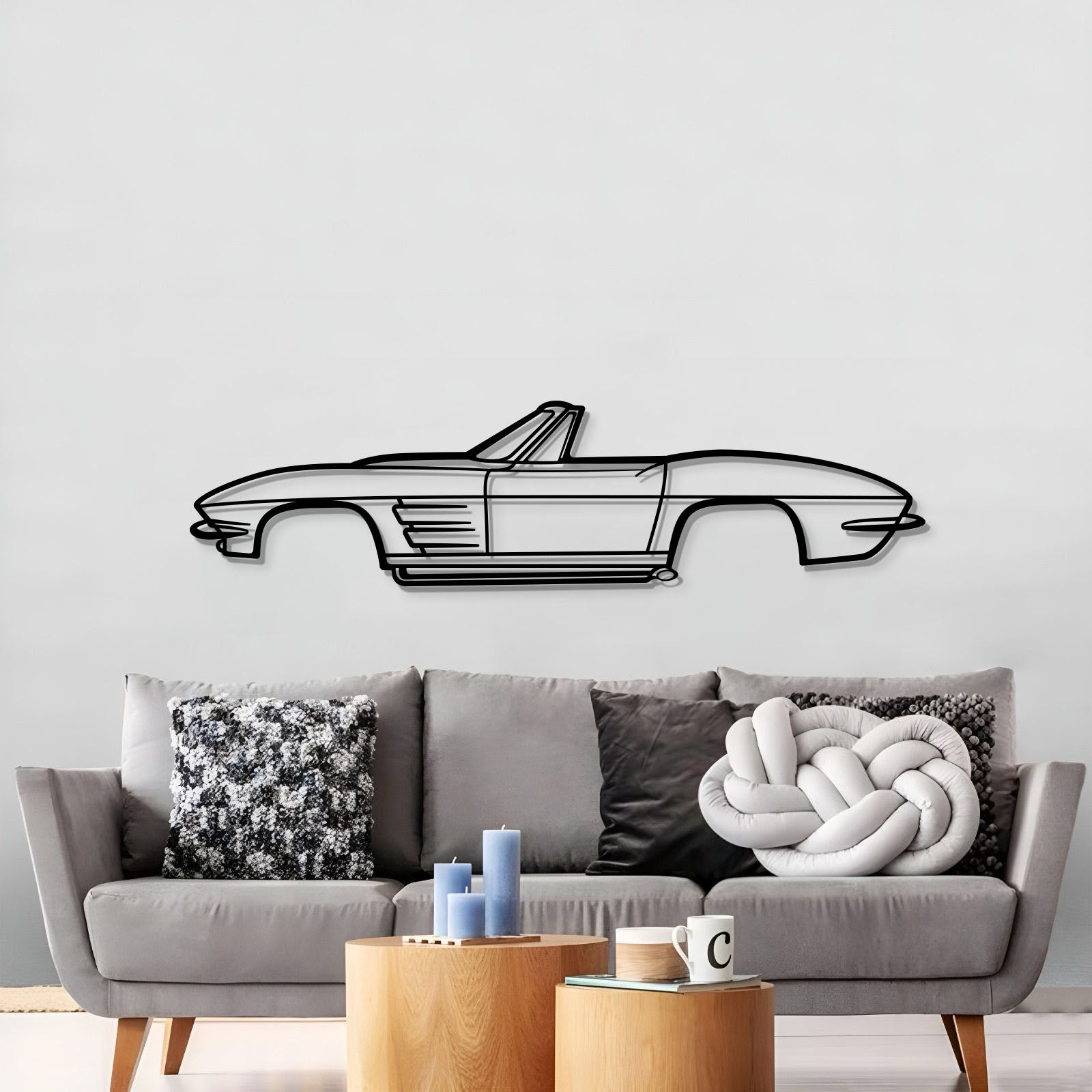 1964 Corvette Convertible metal silhouette wall hanging – durable 2 mm steel with matte‑finish and 3D elevation effect 
