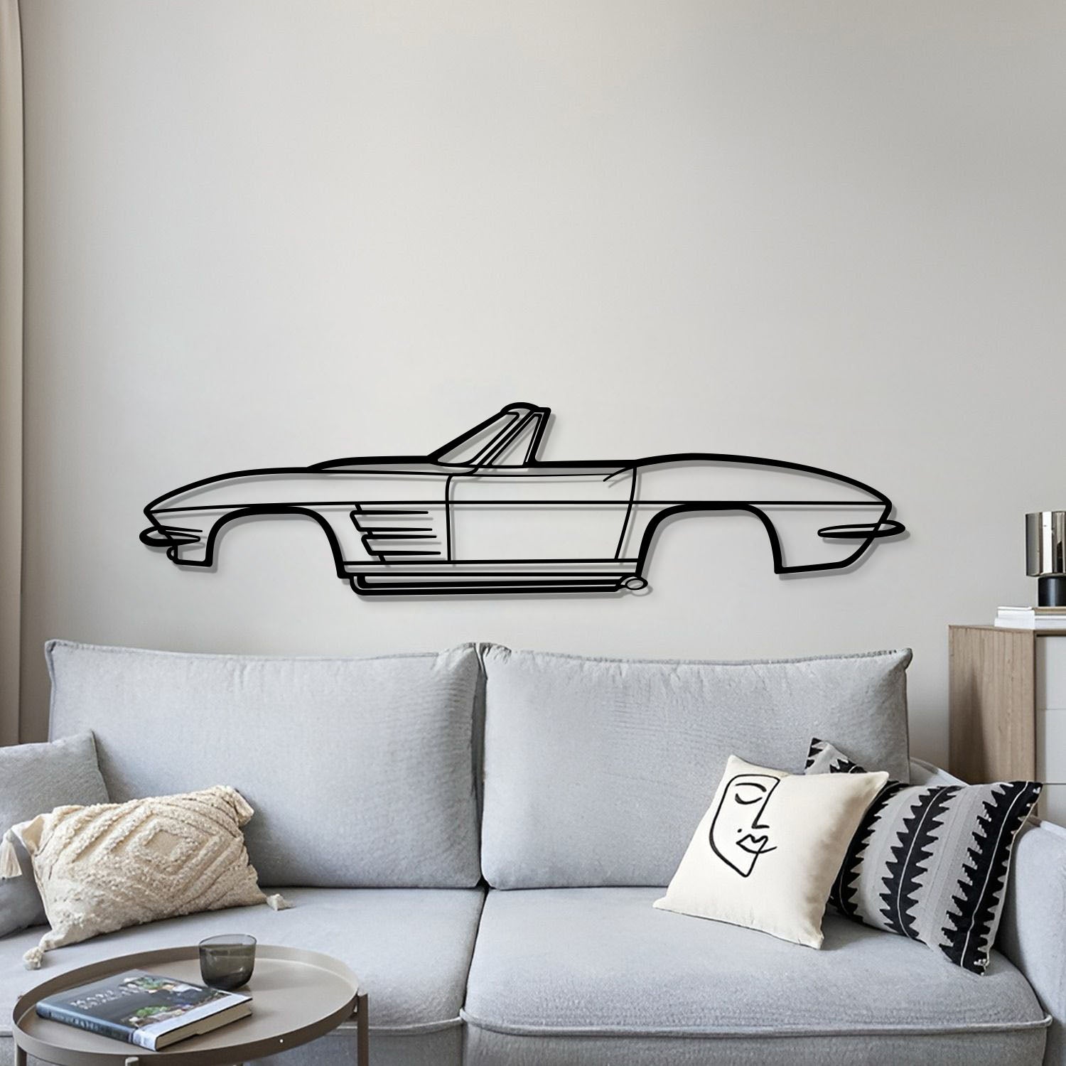 Collector edition 1964 Corvette Convertible metal wall art – laser‑cut steel lifted 1 cm from wall for depth 