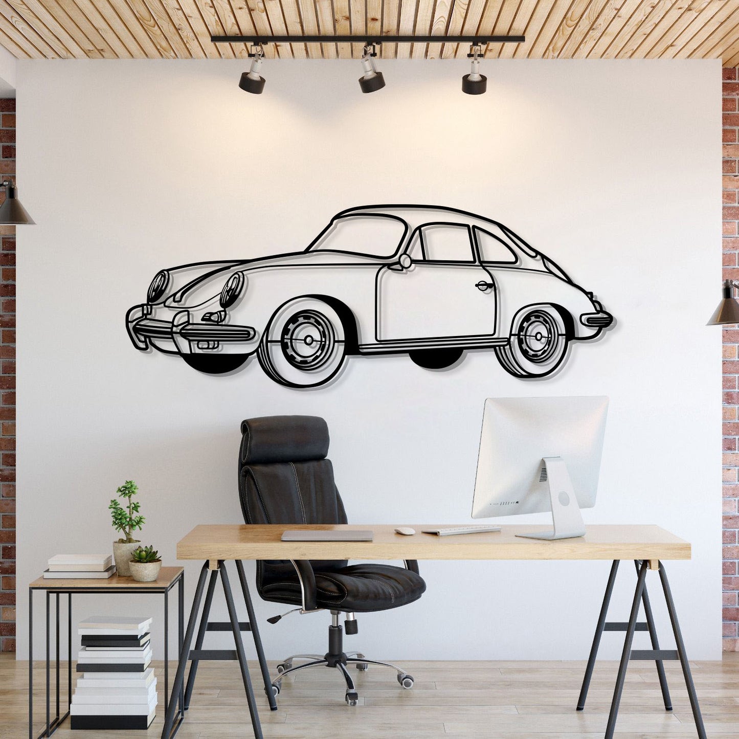 Porsche 1964 356 SC perspective metal wall art – laser-cut 2 mm textured steel with matte powder-coat finish
