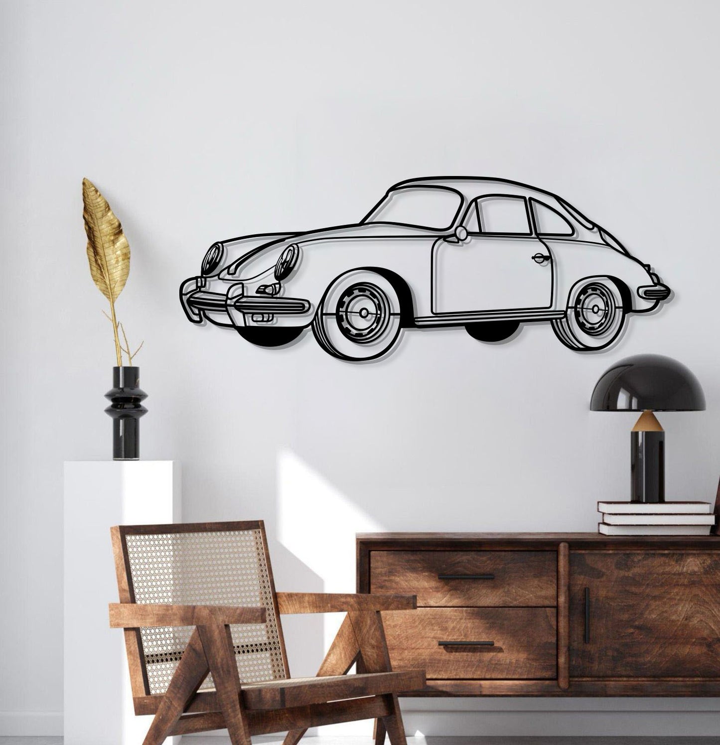 Porsche 1964 356 SC perspective metal silhouette – elevation screws lift art 1 cm off wall for stylish 3D effect