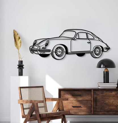 Porsche 1964 356 SC perspective metal silhouette – elevation screws lift art 1 cm off wall for stylish 3D effect