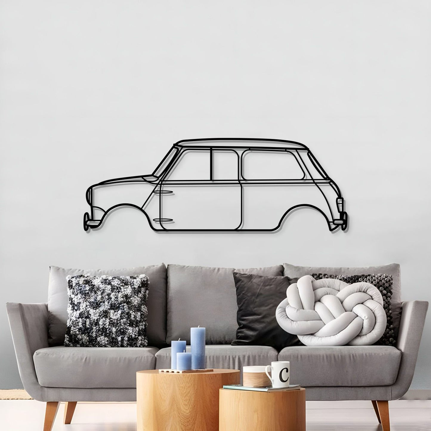 1965 Mini Cooper S metal silhouette wall hanging – textured 2 mm steel with matte‑finish coating