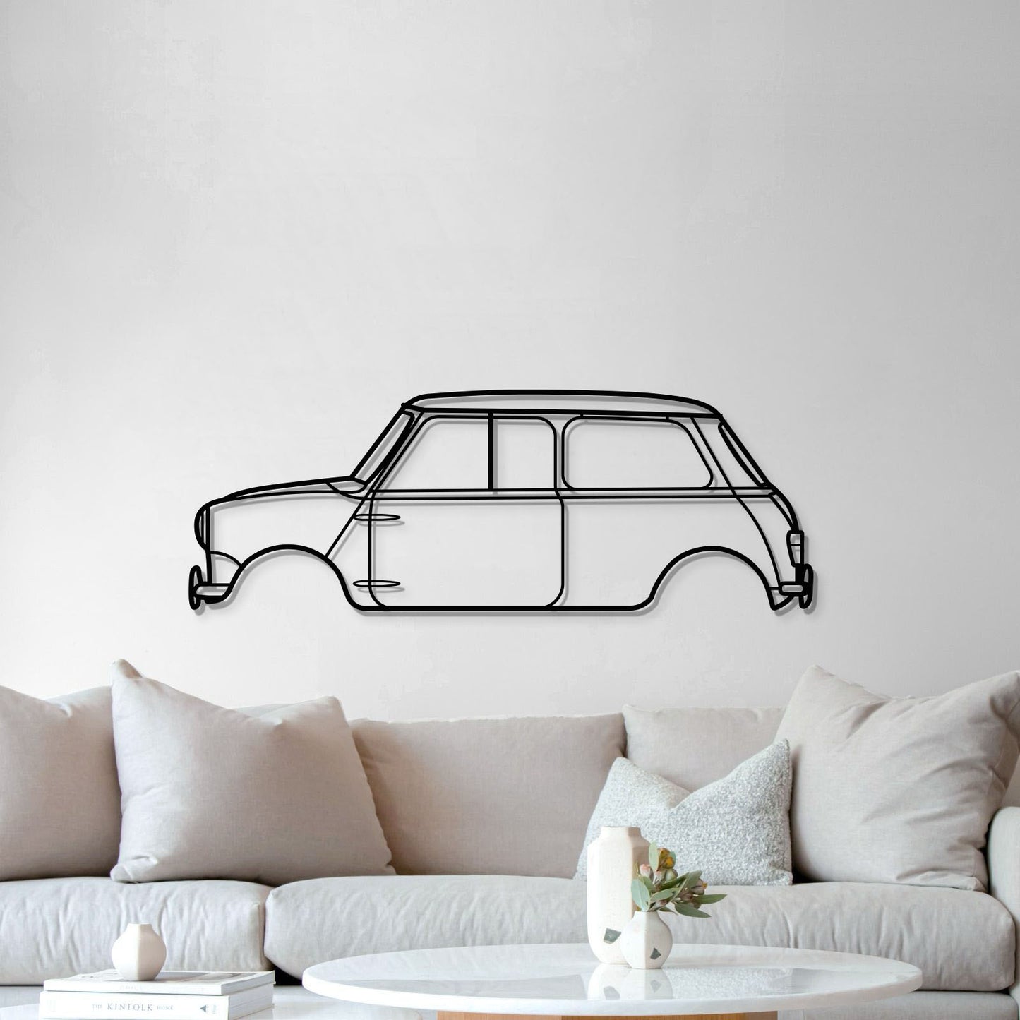 Laser‑cut steel 1965 Cooper S wall art – elegant silhouette lifted 1 cm off the wall for depth 