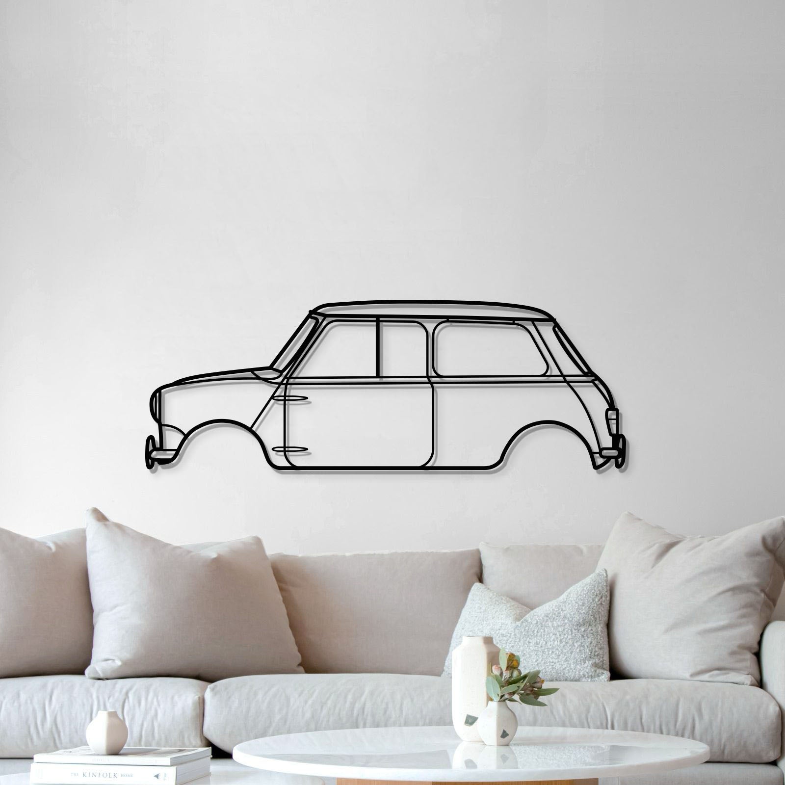 Laser‑cut steel 1965 Cooper S wall art – elegant silhouette lifted 1 cm off the wall for depth 