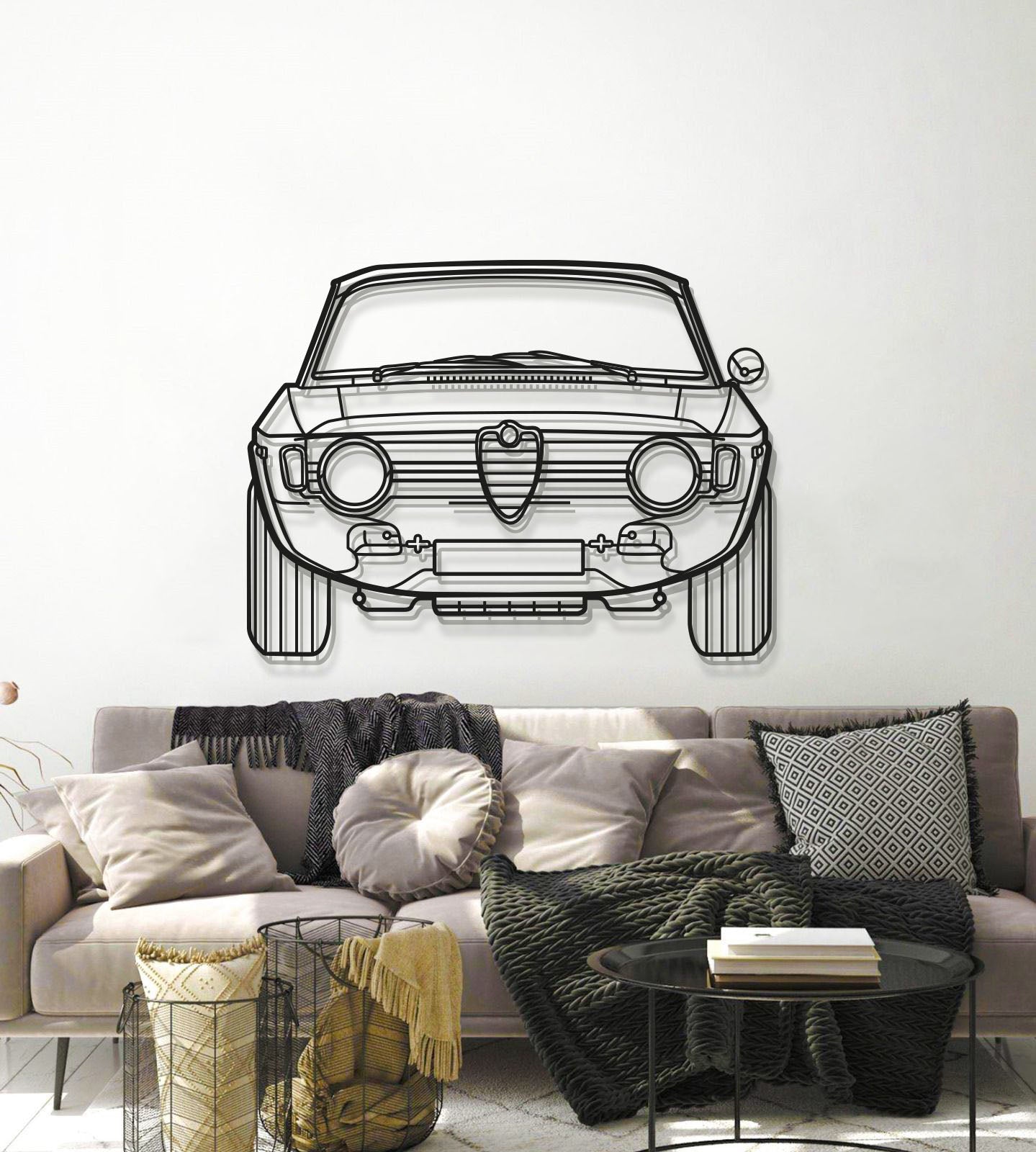 Elevate modern interiors with the sleek lines of the 1967 Alfa Romeo Giulia, reimagined as metal wall art