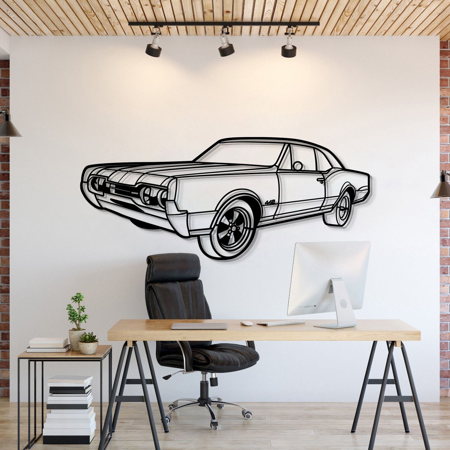 Porsche 1967 Oldsmobile Cutlass 442 Hardtop perspective metal wall art – laser-cut 2 mm textured steel with matte powder-coat finish
