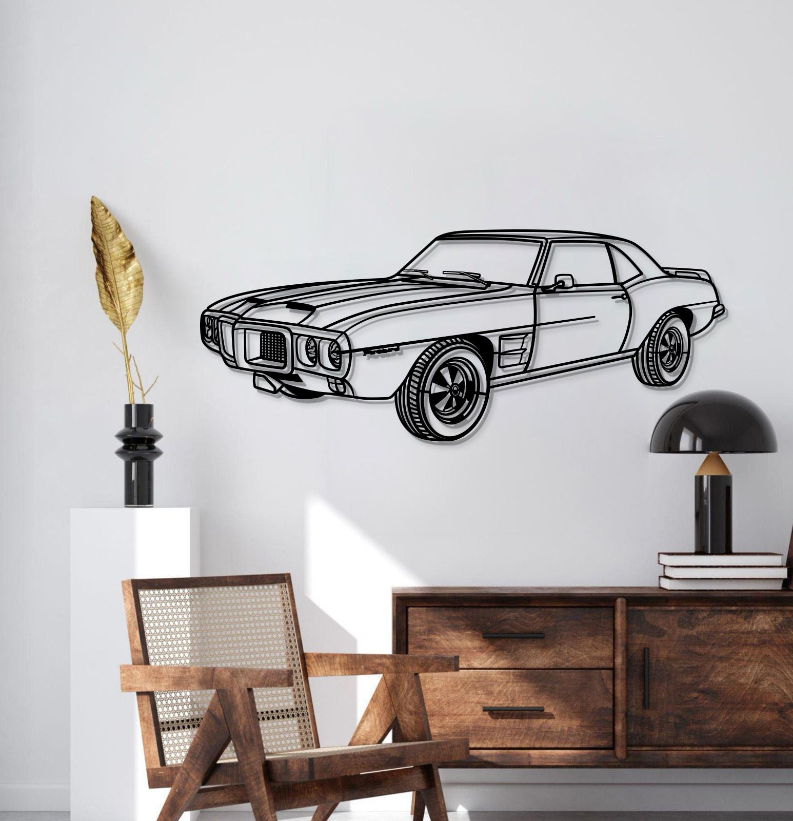 1969 Pontiac Firebird Trans silhouette wall art – elevation screws lift the piece 1 cm off the wall for dramatic floating 3D effect 