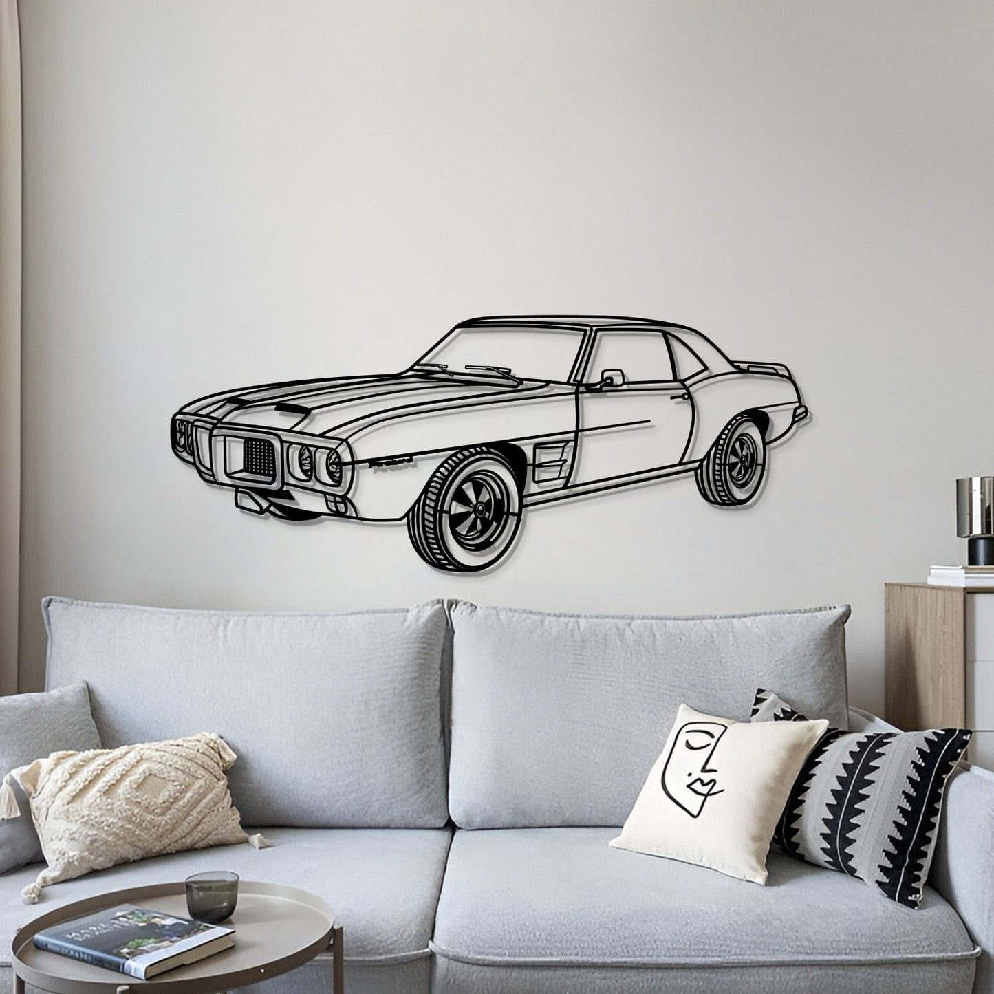 1969 Pontiac Firebird Trans perspective metal art – handcrafted dyed steel silhouette offering rich visual depth 