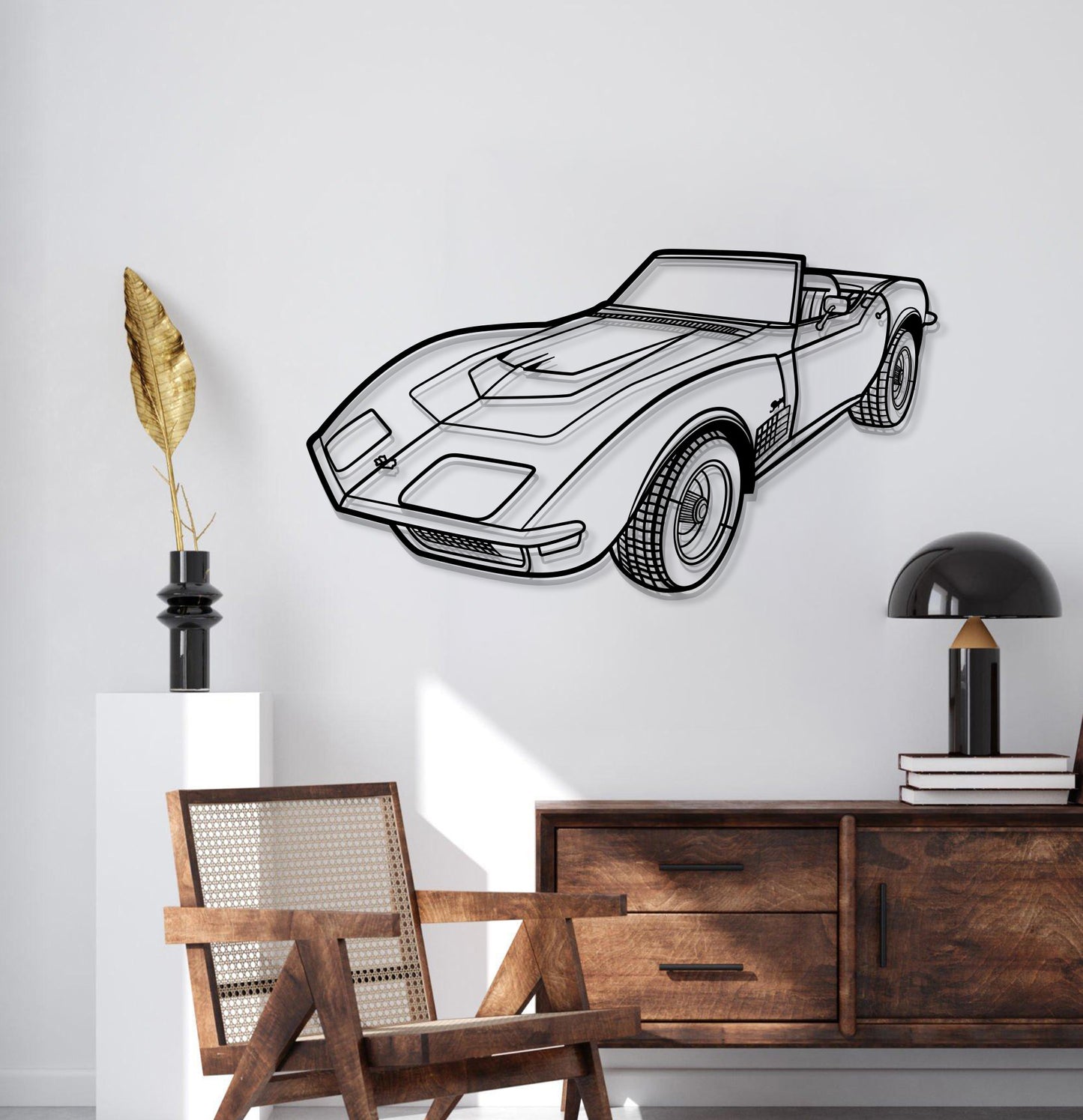 1970 Chevrolet Corvette LT1 perspective metal silhouette – elevation screws lift piece 1 cm from wall for dramatic 3D effect