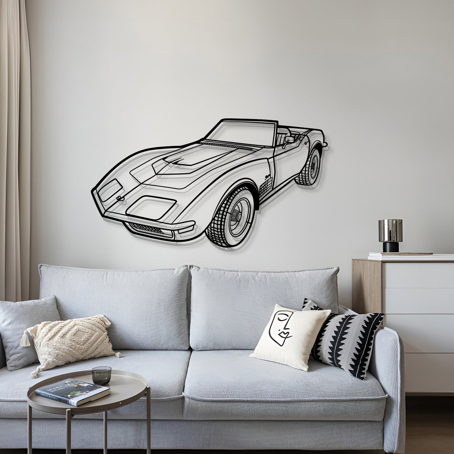 1970 Corvette LT1 perspective metal wall art – handcrafted dyed steel silhouette offering floating visual depth