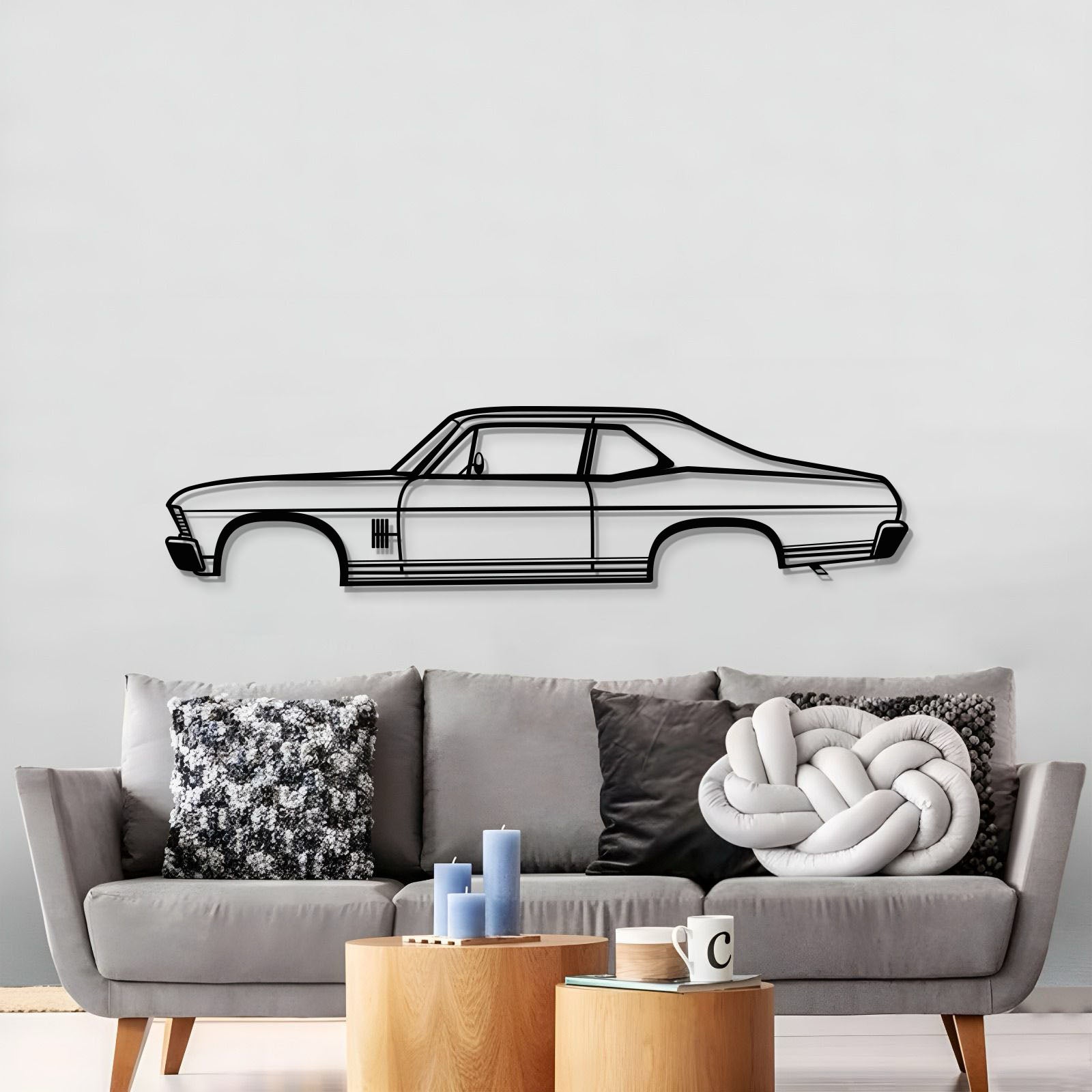 1970 Nova metal silhouette wall hanging – textured, matte‑finish steel for automotive fans