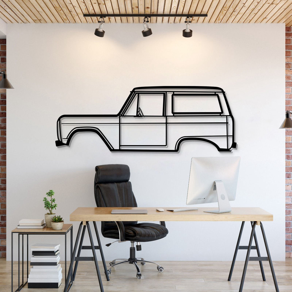 1972 Ford Bronco metal car wall art adds rugged vintage flair to a modern living room