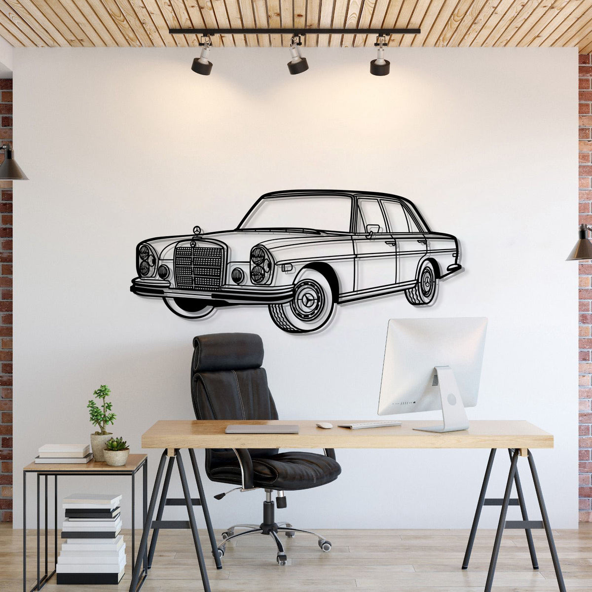 Mercedes‑Benz 1972 280 SE W108 perspective metal wall art – laser‑cut 2 mm textured steel with matte powder‑coat finish
