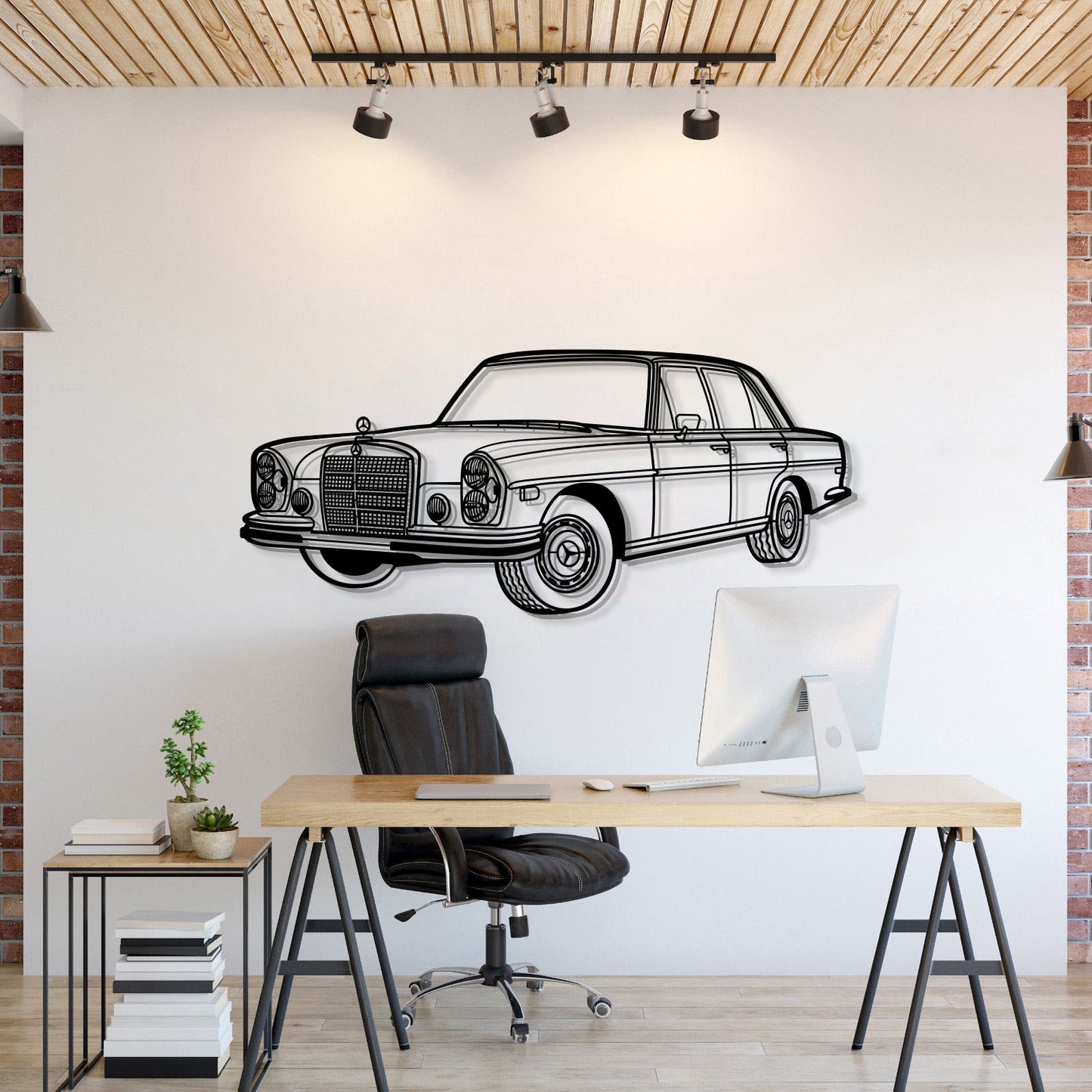 Mercedes‑Benz 1972 280 SE W108 perspective metal wall art – laser‑cut 2 mm textured steel with matte powder‑coat finish