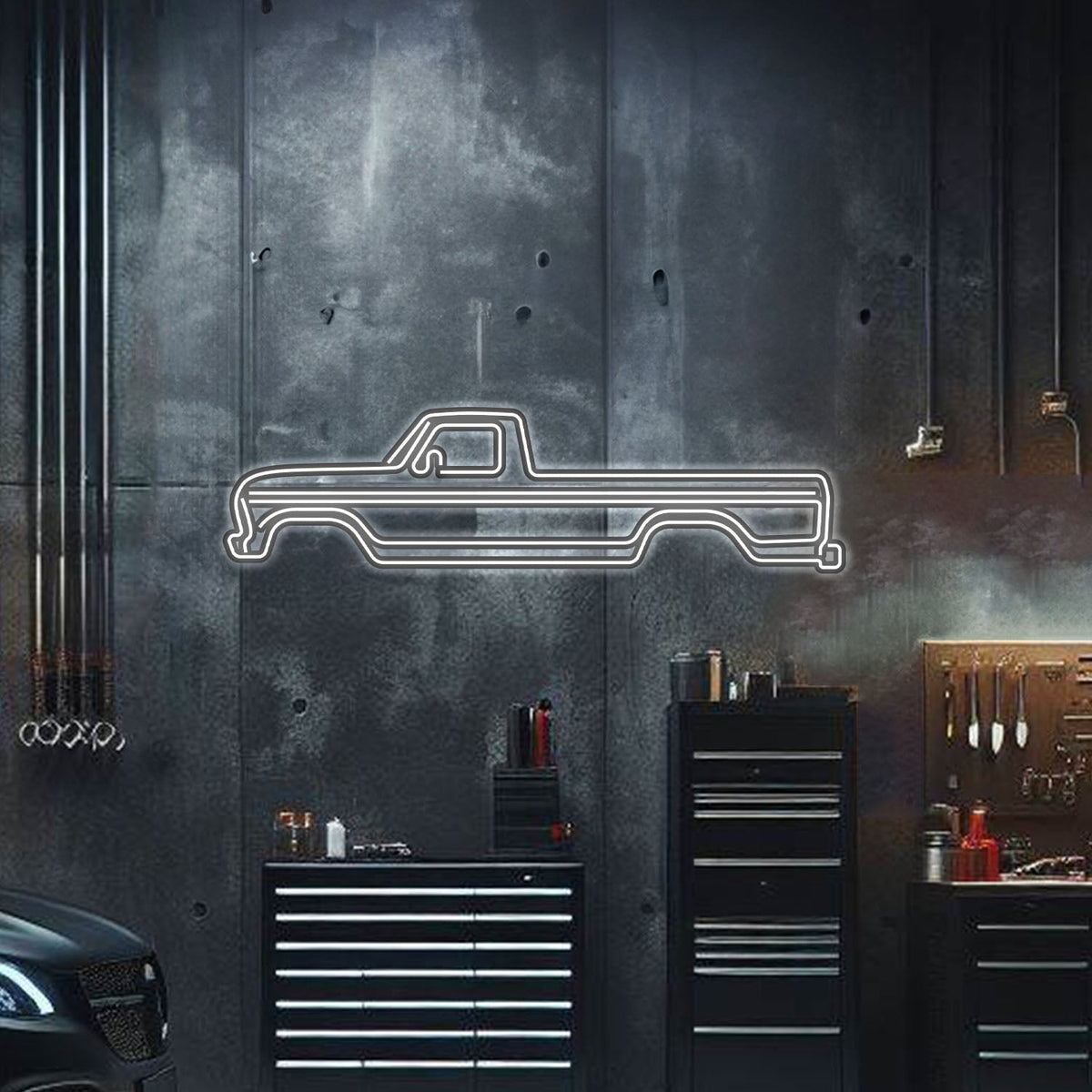 1975 Ford F-150 neon metal wall art – laser-cut 3 mm steel silhouette with glowing neon trim and 1 cm 3D elevation

