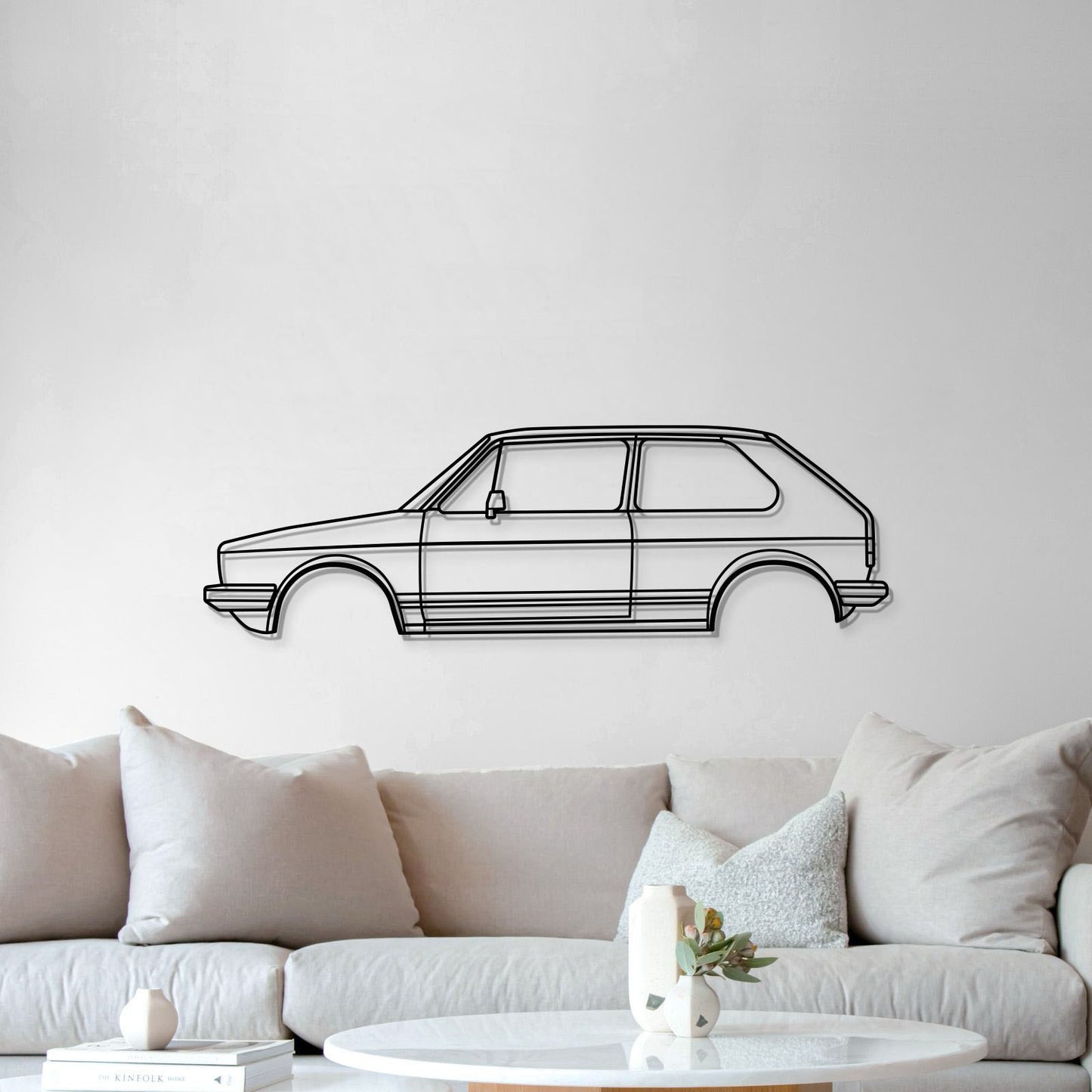 Laser-cut steel 1976 Golf GTI wall décor – textured, powder-coated hatchback silhouette