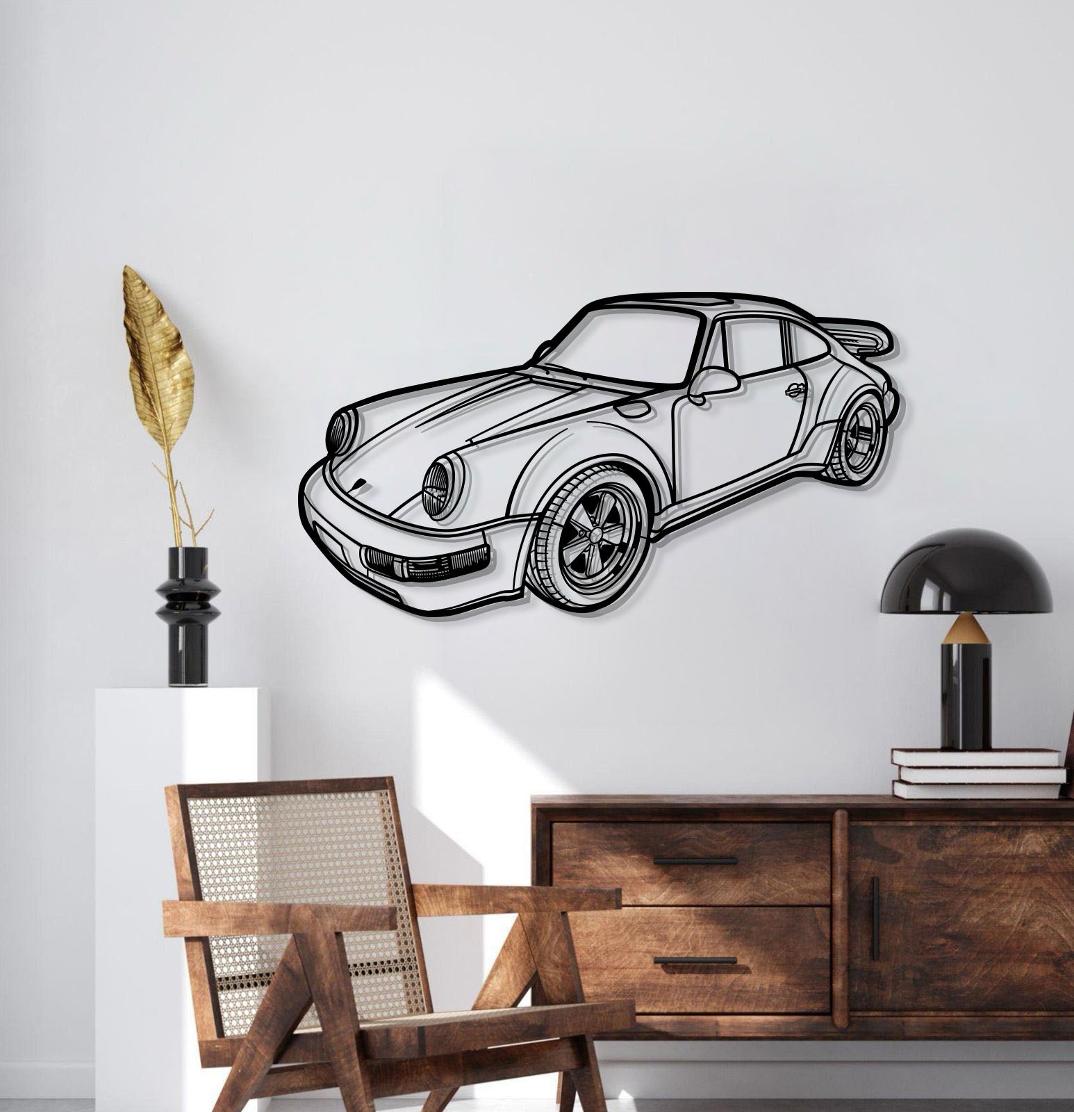 Porsche 1978 911 SC perspective metal car silhouette – elevation screws lift piece 1 cm off wall for 3D effect 