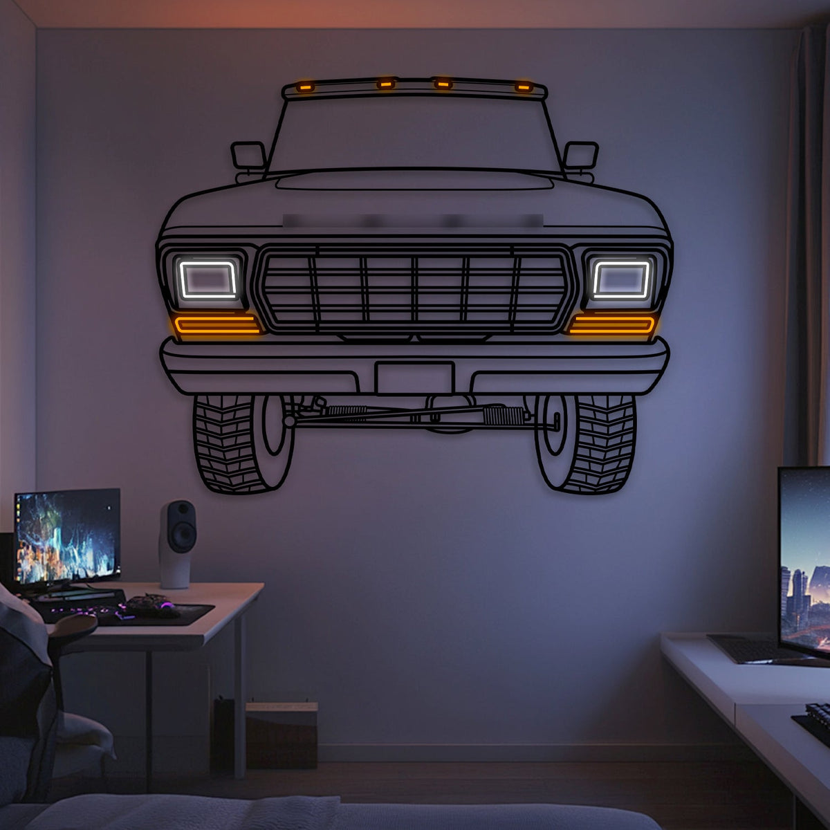 1979 F-150 front view neon-lit metal wall art